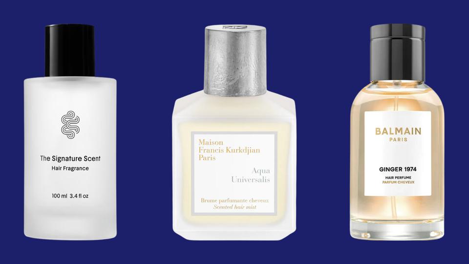 Three hair perfumes against navy blue background