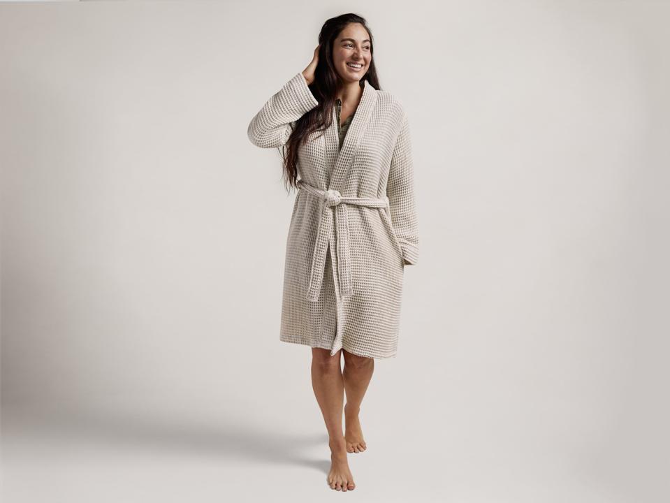 Tan Parachute Waffle Robe on a model