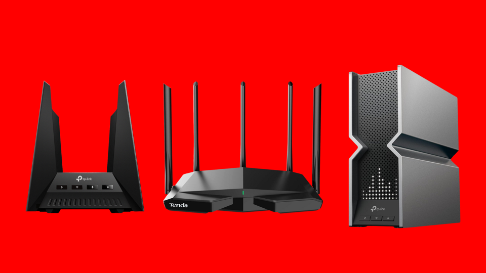 Three Wi-Fi routers on a bright red background