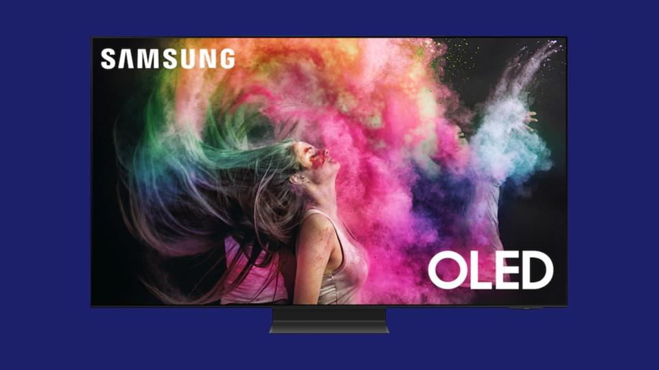 A Samsung S95C TV on a dark blue background