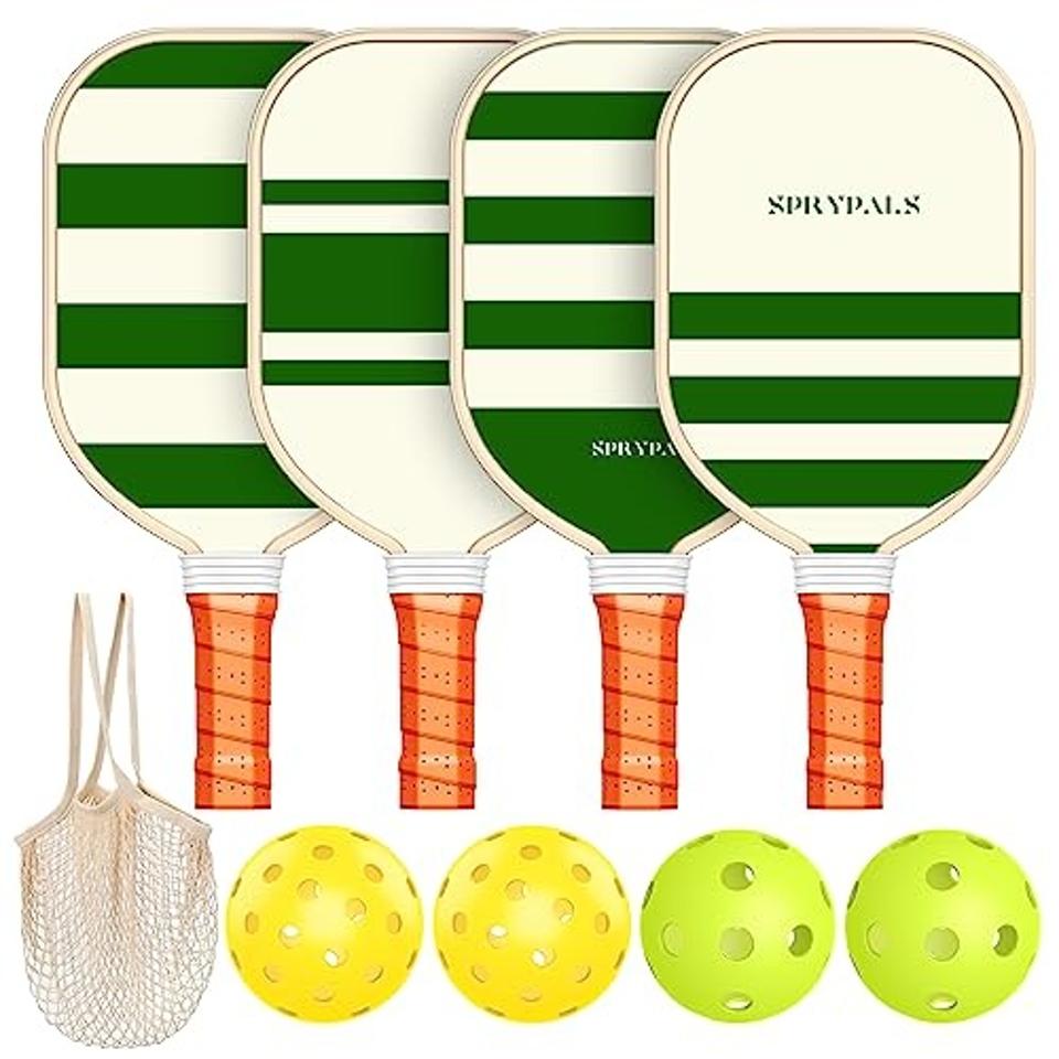 4 Sprypals Pickleball Paddles in Green with 4 pickleballs and a netted carrying bag