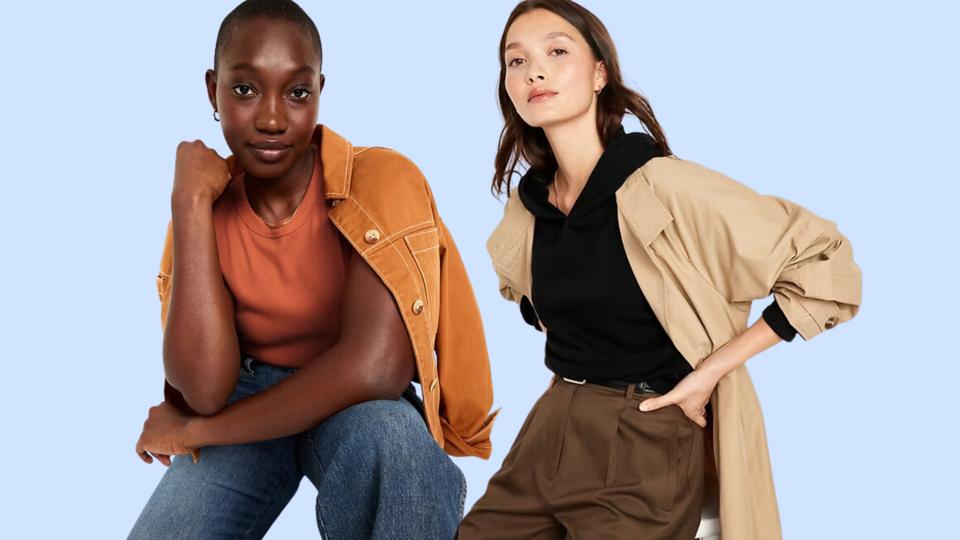 Two models posing for the camera with Old Navy clothes on on a blue background