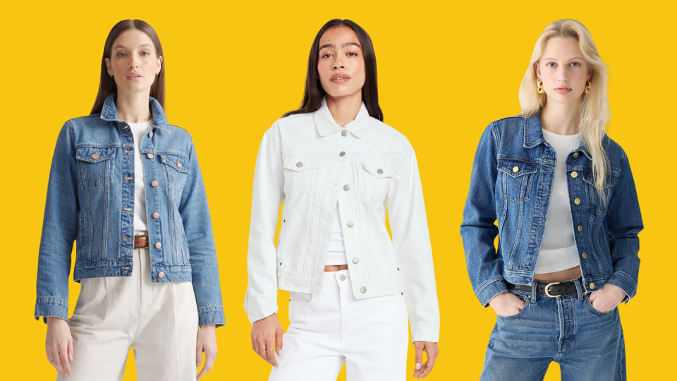 Three models wearing different jean jackets on a yellow background.