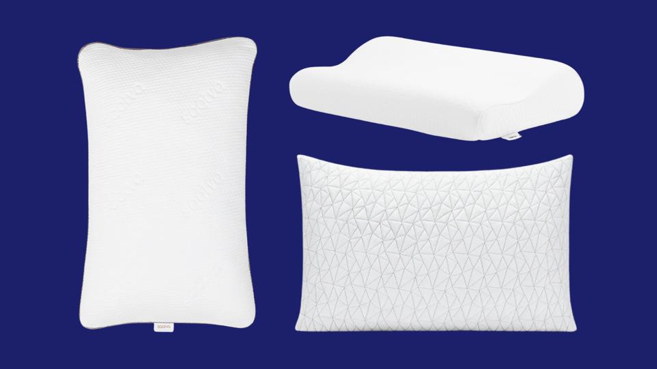 The Saatva Graphite Memory Foam Pillow, Tempur-Pedic Tempur-Neck Pillow and Coop Sleep Goods Original Adjustable Pillow against a dark blue background.