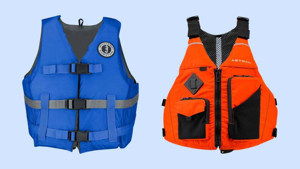 The Mustang Survival Livery and Astral E-Ronny Life Jackets on a light blue background