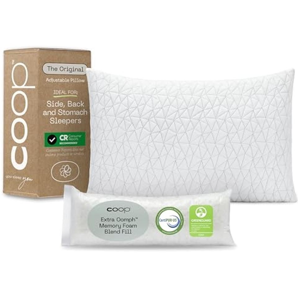 Coop Home Goods Original Adjustable Pillow with its packaging against a plain background