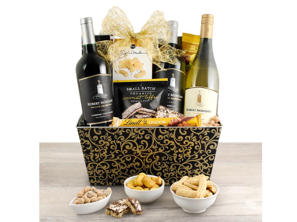 Mondavi Triple Wine Sonoma Gift Basket w/ 3 snack bowls gold ribbon on light brown wood