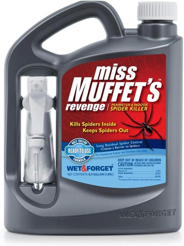 A bottle of Wet & Forget Miss Muffet's Revenge Spider Killer against a white background