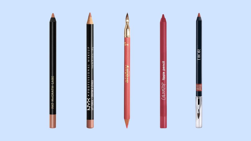 Five different lip liners on a light blue background.