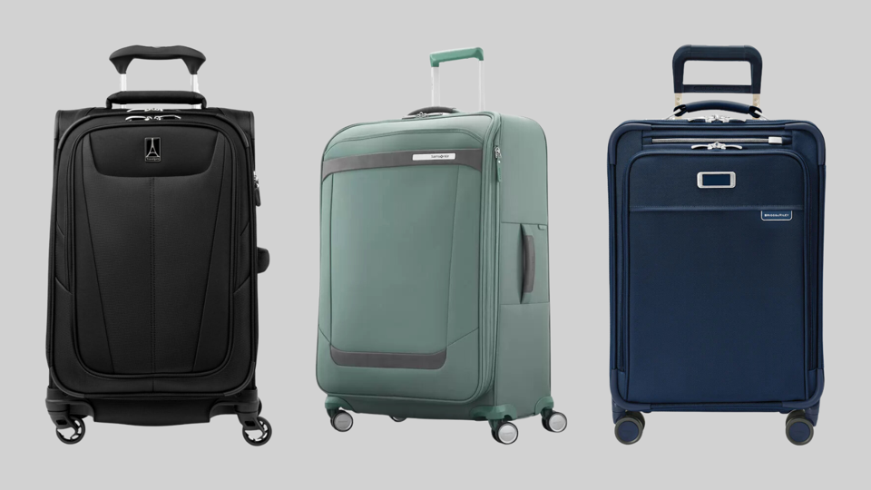 Three softside luggage cases against a gray background