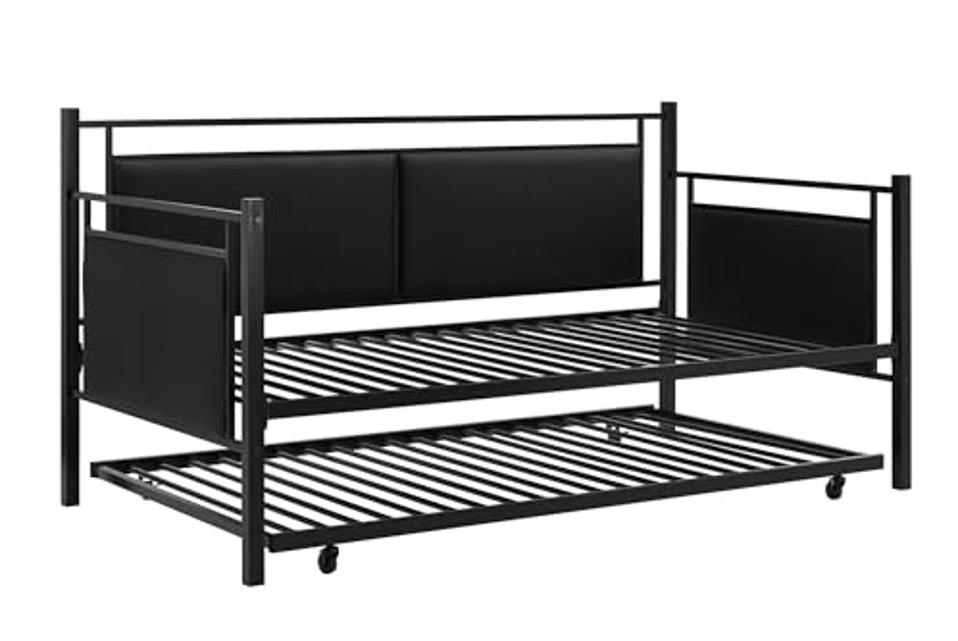 DHP Astoria Metal and Upholstered Daybed frame with trundle on a white background