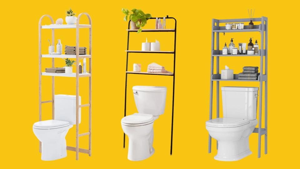 Three different over-the-toilet storage units featured against a yellow backdrop.