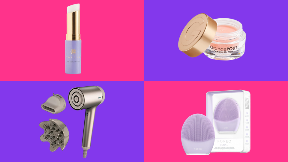 Tatcha serum, Grande Cosmetics GrandePout, Shark blow dryer and Foreo facial device