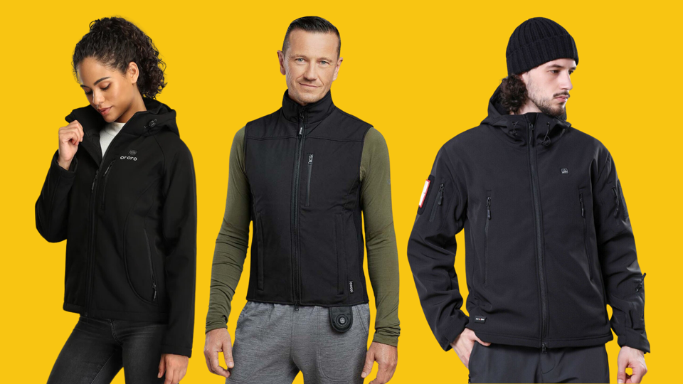 Three models wearing the best heated jackets on a bright yellow background.