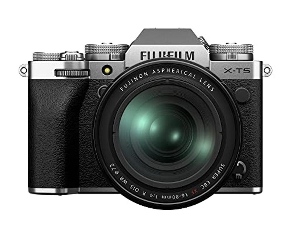 The Fujifilm X-T5 on a white background