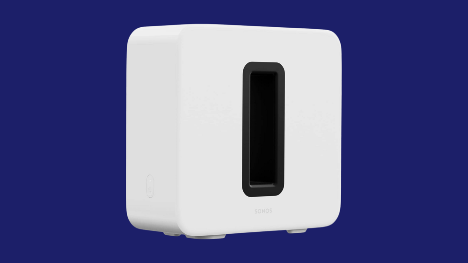 The Sonos Sub (Gen 3) in white on a navy background.