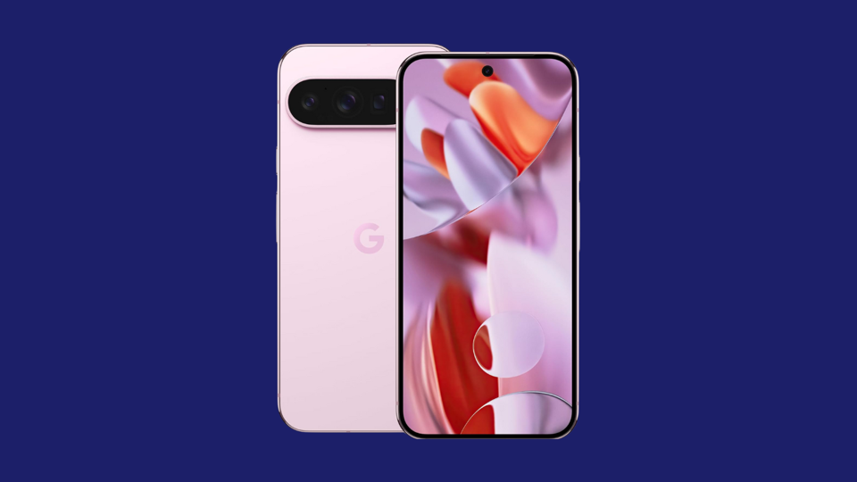 A Google Pixel 9 Pro in Rose Quartz on a navy background