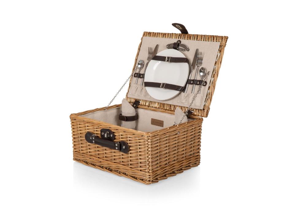 First Class Picnic Basket with 2 plates 2 sets of silverware 2 glasses lid open on white background