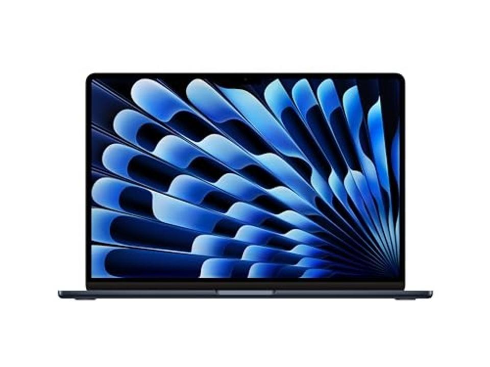 product shot of an Apple 2024 MacBook Air displaying an abstract blue screensaver.