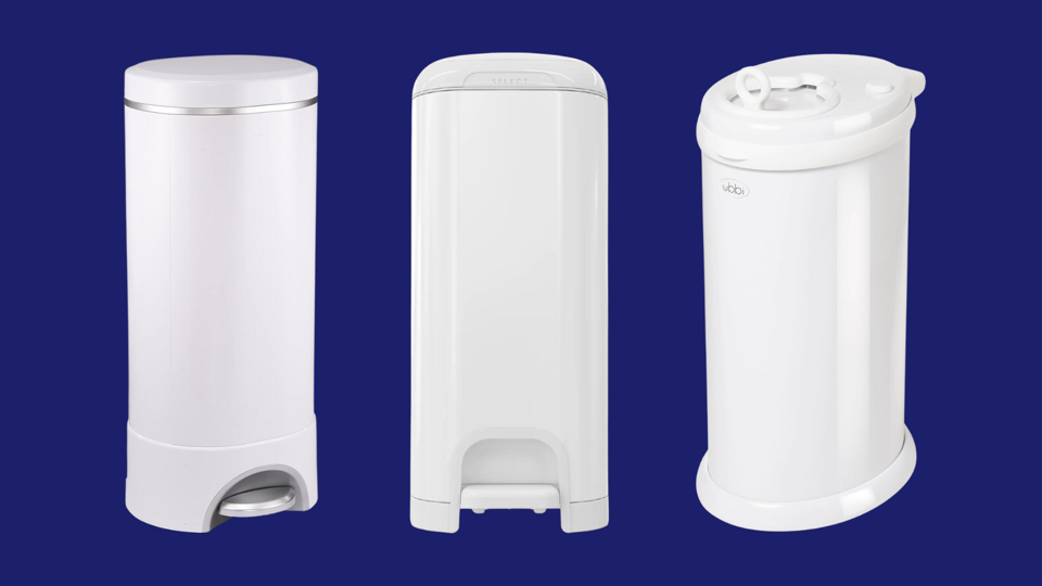 The 3 best diaper pails in white on a navy blue background. 