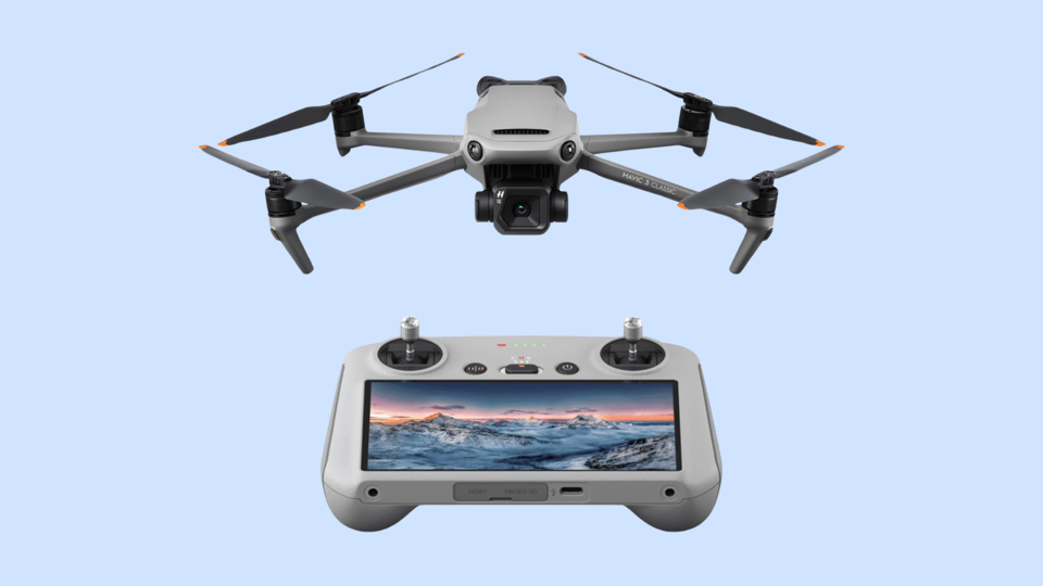 DJI Mavic 3 Pro on a light blue background