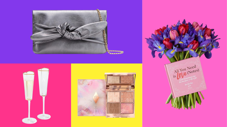 Flowers, makeup, Cuyana clutch and champagne flutes on a colored background