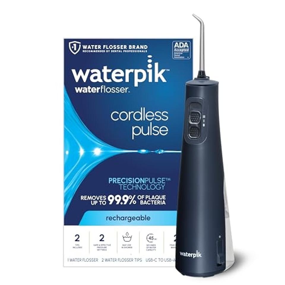 Product shot of Waterpik Cordless Rechargeable Portable Water Flosser and its box.