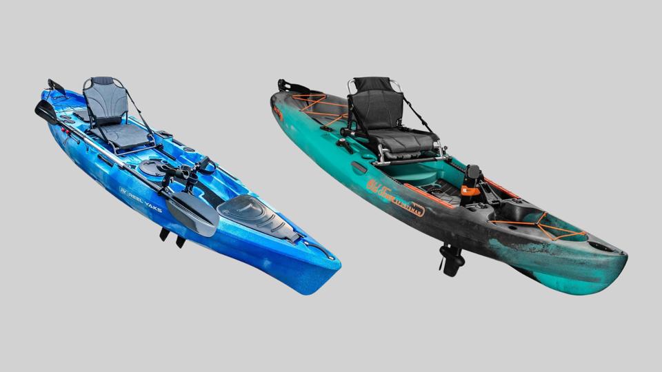 The Reel Yaks Pedal Kayak and Old Town Sportsman Salty PDL 120 Kayak on a grey background