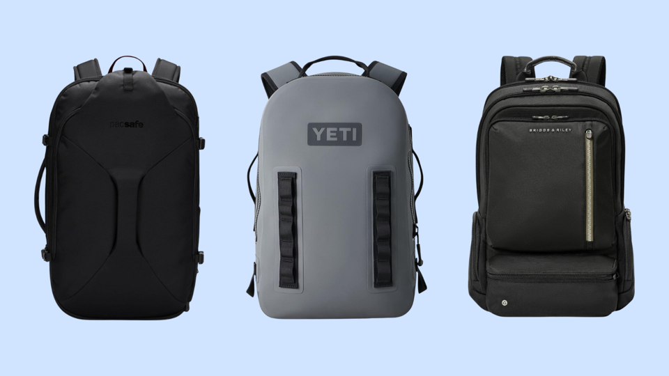 Three anti-theft backpacks on a light blue background.