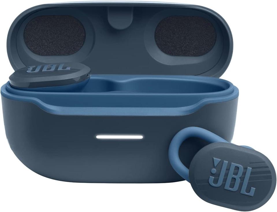 JBL Endurance Race Earbuds and case on a white background