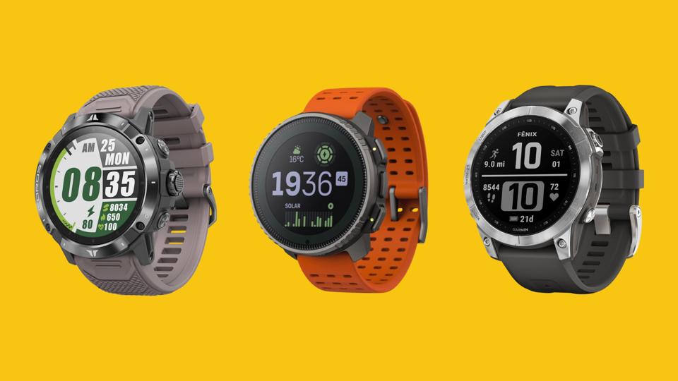 The Coros Vertix 2, Suunto Vertical and Garmin Fenix 7 GPS watches on a blue background