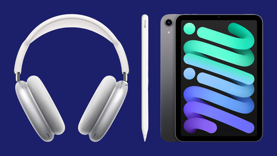 Collage with AirPods Max, Apple Pencil and an iPad on a dark blue background.