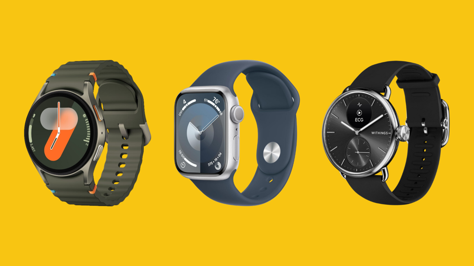 A series of smartwatches on a yellow background.