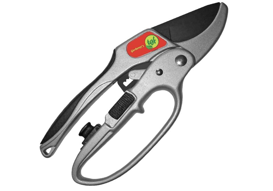 The Gardener’s Friend Ratcheting Anvil Pruning Shears against a white background,