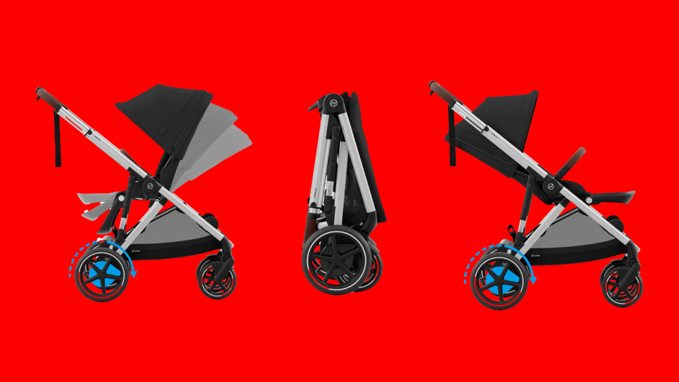 Three different views of the Cybex e-Gazelle S on a bright red background