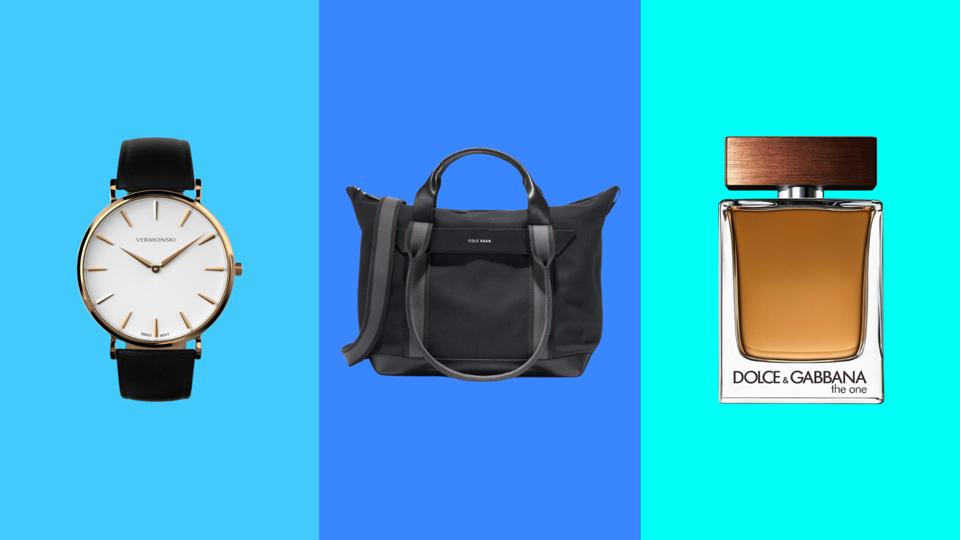 Watch, weekender bag and cologne on a multicolored background