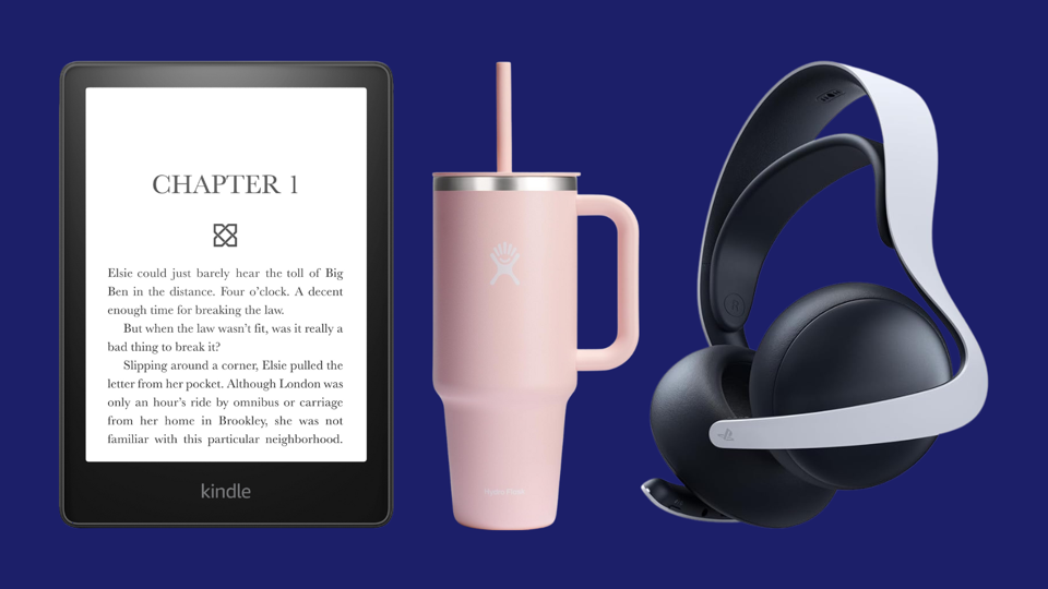 Collage with Kindle Paperwhite, Hydro Flask tumbler and PlayStation gaming headset. 