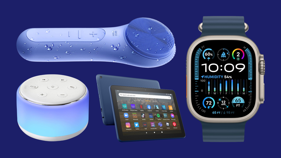 Dark blue background featuring a facial tool, sound machine, Fire tablet and Apple watch. 