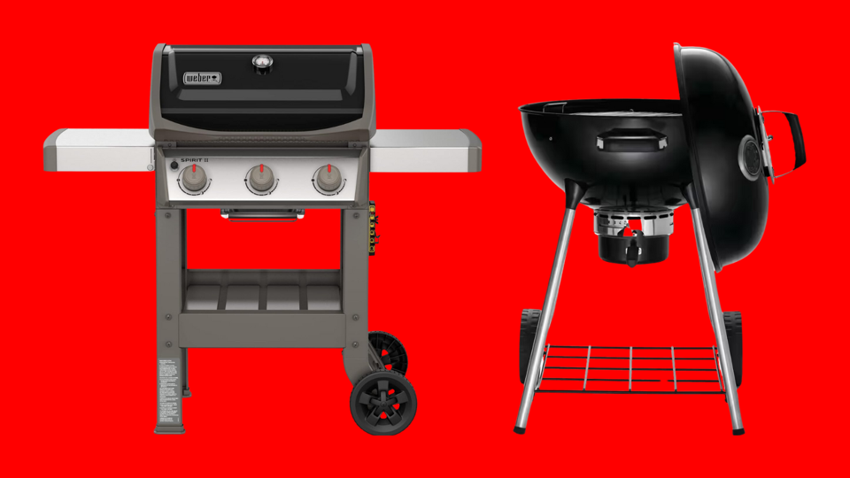 Charcoal and gas grills against red background