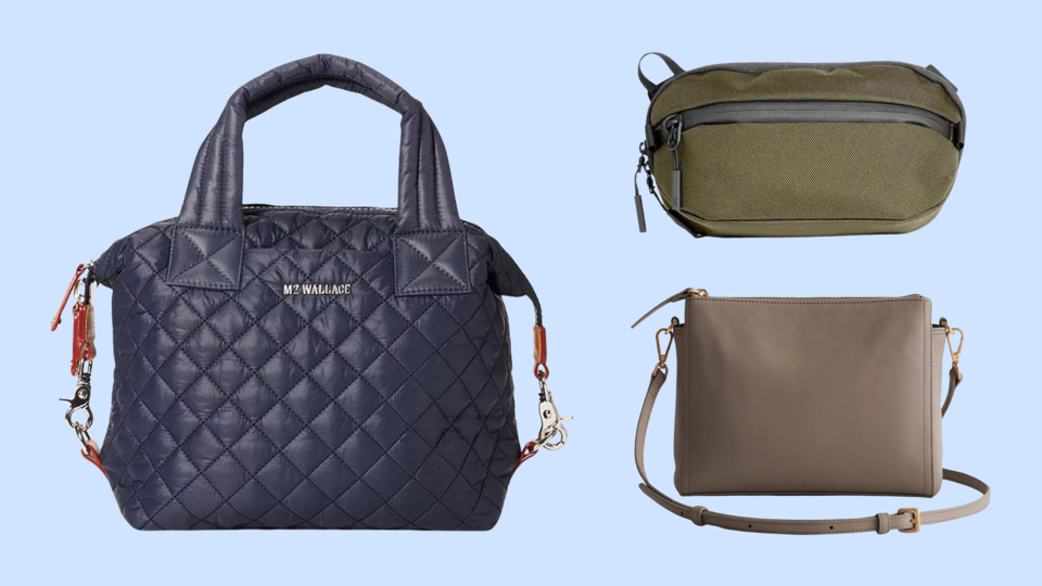 Three crossbody travel bags against a light blue background