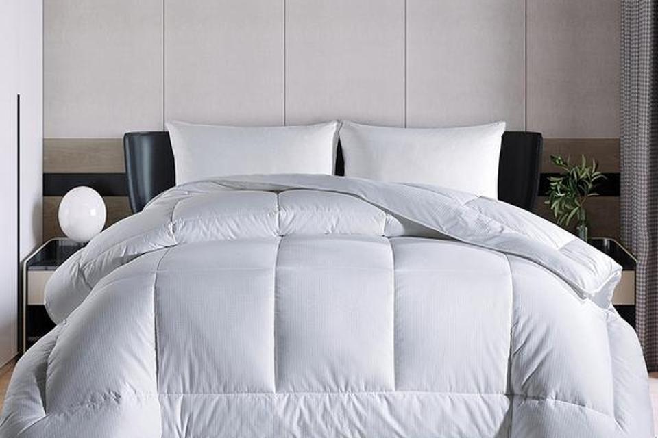 Puredown All-Season Down Alternative Comforter on bed with pillows in decorated bedroom.