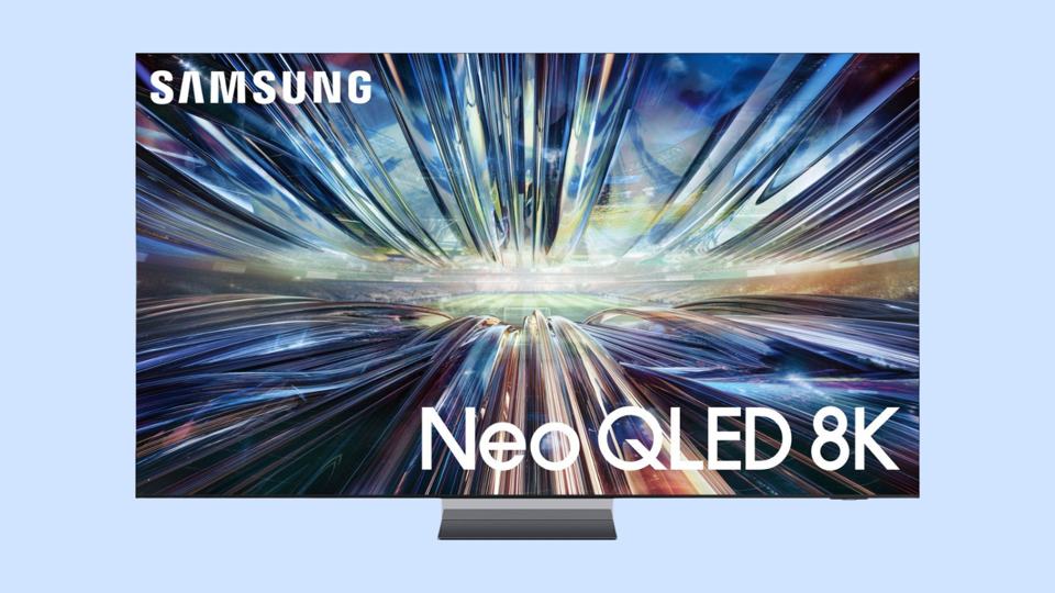 A Samsung Neo QLED 8K QN900D TV on a light blue background