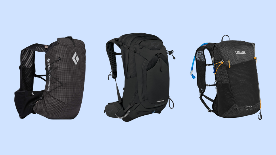 A collection of three different hydration packs on a light blue background