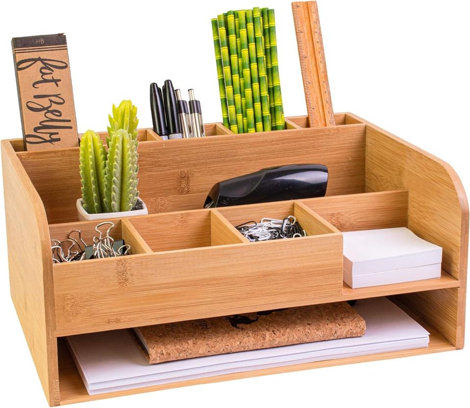 MissionMax Bamboo Wood Desk Organizer filled with pens, pencils and other desk essentials.