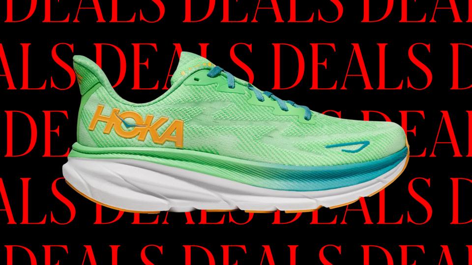 A green, orange, blue and white Hoka sneaker on a black and red deals background. 