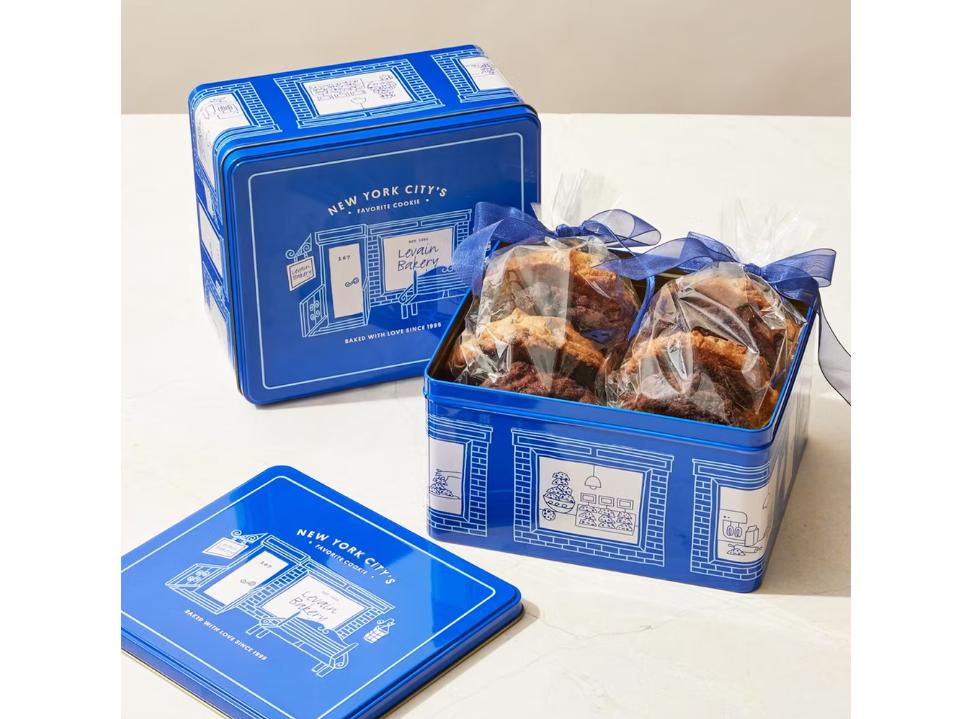 2 Levain Signature Cookie Assortments in blue gift tins on beige surface best gift baskets