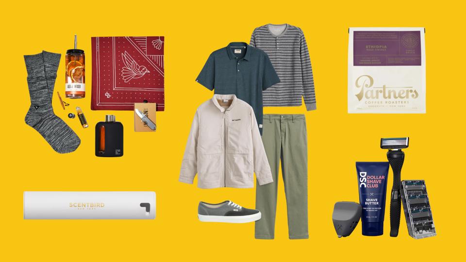 Scentbird bottle, Partners coffee, Dollar Shave Club shaver on a yellow background