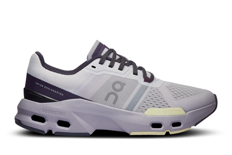 On Cloudpulse running shoe in grey with dark blue and light green accents