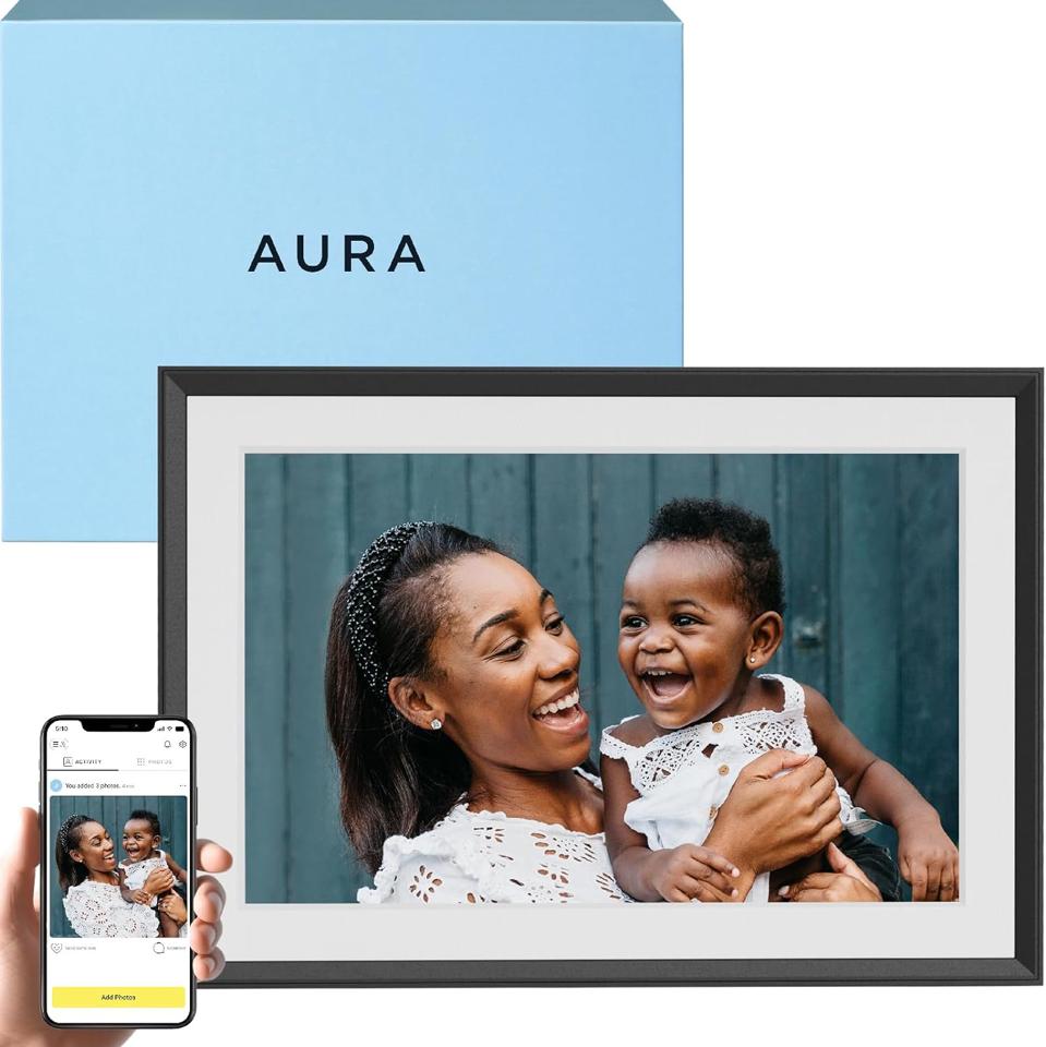 Aura Carver HD WiFi Digital Picture Frame gray app open on phone mother and son photo blue box