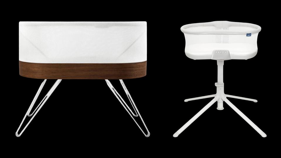 The Snoo bassinet and the Halo BassiNest side by side on a black background.